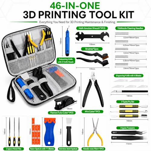 3D Printer Tools Kit, 46PCS 3D Printing Accessories for FDM SLA Resin Printers, Includes Nozzle Cleaning Kit, Print Removal Tools, Deburring Tool, Files, Flush Cutters, Pliers,Tweezers & More