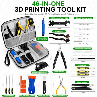 3D Printer Tools Kit, 46PCS 3D Printing Accessories for FDM SLA Resin Printers, Includes Nozzle Cleaning Kit, Print Removal Tools, Deburring Tool, Files, Flush Cutters, Pliers,Tweezers & More