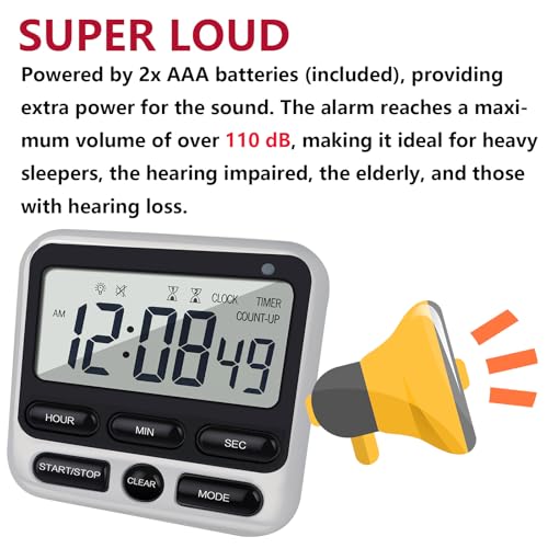 Digital Dual Kitchen Timer with Strong Magnet,24-Hour Countdown & Stopwatch,Loud Alarm,12/24 Hour Clock Switch,Calendar,Visual Indicator Light,Mute Option,3 Placement Options (Batteries Included)