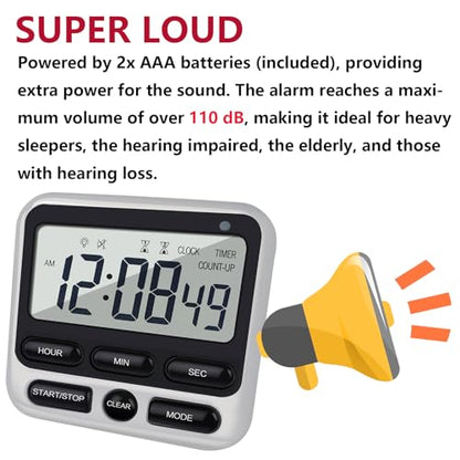 2-Pack Digital Dual Kitchen Timers with Magnet, 24-Hour Countdown & Stopwatch, Loud Alarm, 12/24H Clock, Calendar, Mute Mode, Visual Indicator, Batteries Included (Black)