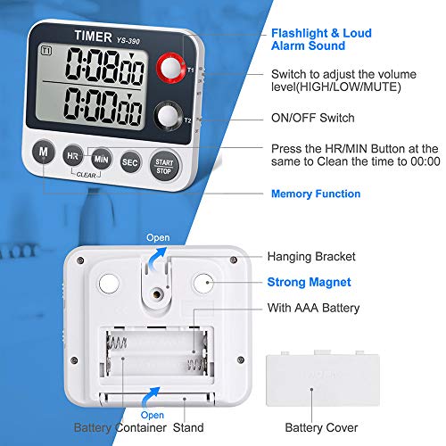 Digital Kitchen Cooking Timer, Dual Count Up & Down with Magnetic Back, Large Display, Adjustable Volume and Flashing Alarm Light, ON/Off Switch Stopwatch, Battery Included - color: Black
