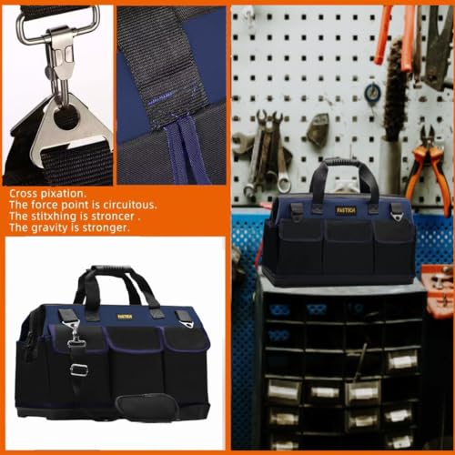 FASTECH 22in Heavy Duty Bottom Tools Bag With Wide Mouth For Tool Storage, Carrier and Organizer, Tote Bag for Men/Women, Wide Mouth Tool Bags With Inside Pockets (22 Inch) - size: 22INCH