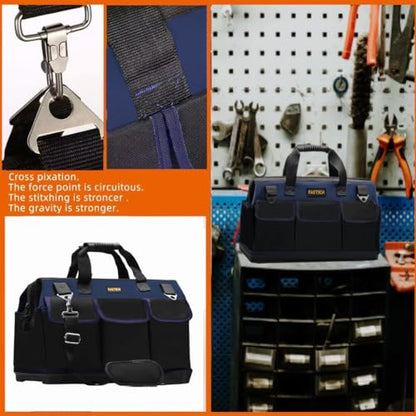 FASTECH 22in Heavy Duty Bottom Tools Bag With Wide Mouth For Tool Storage, Carrier and Organizer, Tote Bag for Men/Women, Wide Mouth Tool Bags With Inside Pockets (22 Inch) - size: 22INCH
