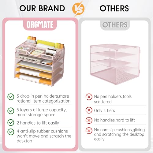 5 Tier Paper Letter Tray Desk Organizer with Pen Holders - Pink - color: 5 Tier-Pink, size: 12.5" x 9.1" x 10.3"
