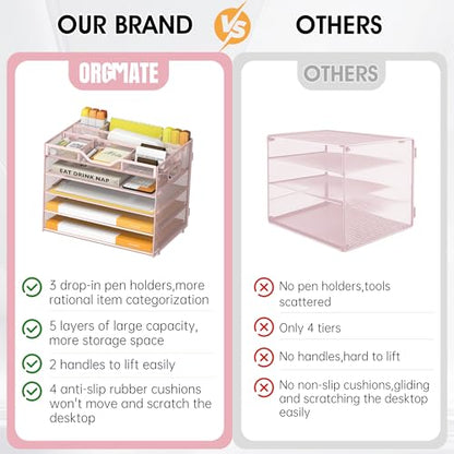 5 Tier Paper Letter Tray Desk Organizer with Pen Holders - Pink - color: 5 Tier-Pink, size: 12.5" x 9.1" x 10.3"