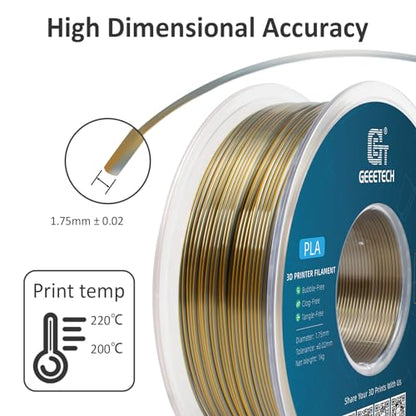 Geeetech Silk PLA Filament 1.75mm Silk Dual Color Filament, Coextrusion Dichromatic Metal-Like Shiny Consumable 1kg (2.2lbs) 1 Spool, Dimensional Accuracy +/- 0.02 mm, Gold Silver - color: 1kg Dual Color Gold-silver