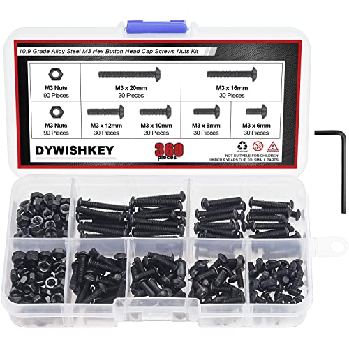 DYWISHKEY 360 Pieces M3 x 6mm/8mm/10mm/12mm/16mm/20mm, 10.9 Grade Alloy Steel Hex Button Head Cap Bolts Screws Nuts Kit with Hex Wrench