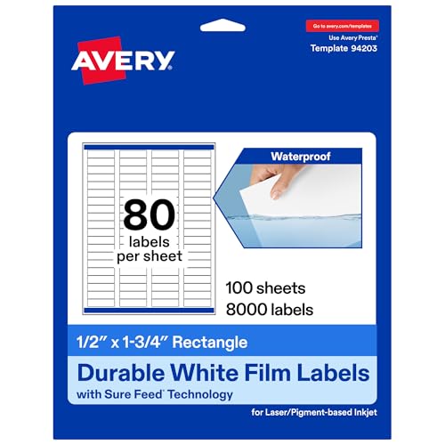 Avery Printable Durable White Rectangle Labels, Sure Feed Technology, 0.5" x 1.75", Waterproof Labels, Laser & Pigment-Based Inkjet Compatible, 8000 Total - style: 8,000 labels