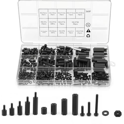 365PCS M2.5 Black Male Female Nylon Hex Spacer Standoff Screw Nut Set Assortment Kit, Standoff Kit with Spacers Screws Nuts for Pcb Motherboard, Circuit Board, Electrical Screws Switch, Receptacle