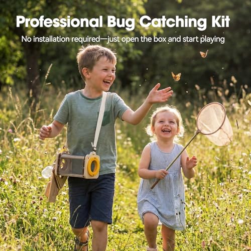 Wooden Bug Catcher Kit for Kids 3-8, 10PCS Durable Outdoor Explorer Kit with Magnifying Glass, Butterfly Net & STEM Guide, Catch & Release Adventure Set for Backyard & Camping