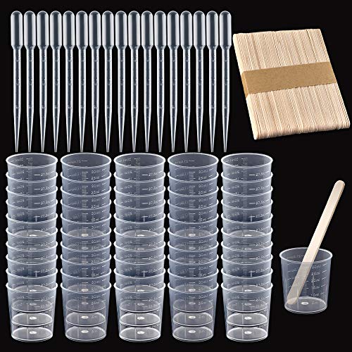 Coopay Plastic Graduated Cups Tools - 50 Pack 30ml/1oz Transparent Scale Measuring Cups, 50 Pack Wooden Stirring Sticks and 3ml Transfer Pipettes for Resin, Epoxy, Stain, Mixing Paint - size: 50pcs