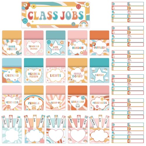 ZOiiWA 81pcs Groovy Class Jobs Bulletin Board Hippie Themed Classroom Jobs Set Teacher's Helper Chalkboard Decor Classroom Bulletin Board Set Wall Decoration for Back to School Supplies - style: Groovy