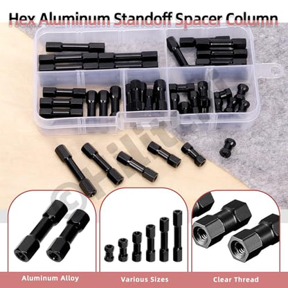 Hilitchi 48Pcs 6Sizes Hex Aluminum Standoff Spacer Column Assortment Kit Black Hexagonal Connecting Column Model Spacer Column Wide Head Column Spacer Pillar for Drone Quadcopter, DIY Models
