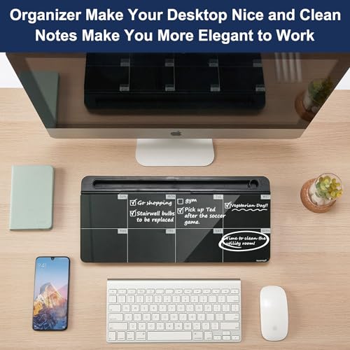 TSJ OFFICE Desktop Whiteboard Dry-Erase-Board - Computer Keyboard Stand White Board Surface Pad with Drawer, Desk Organizers with Accessories for Office, Home, School Supplies - color: Black Base/Glass-weekly Calendar