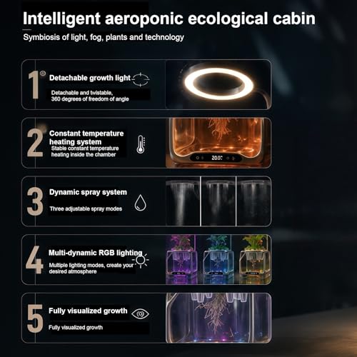Misting Aeroponics Growing System, Smart Indoor Garden with Grow Light & Humidifier, Visual Root View, RGB Mood Light, Temperature Control, Hydroponic Planter Gift for Plant/Mushroom/Herb