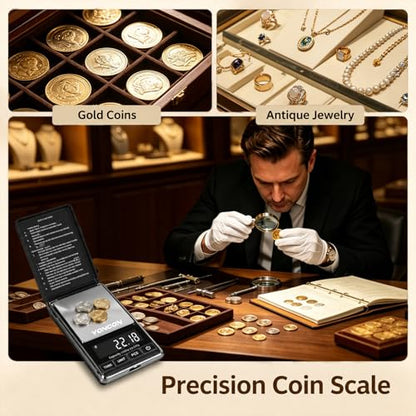 Digital Coin Scale, Gram Scale 0.01g Accuracy for Coin Collectors, Bank Tellers and Home Use, Ideal Scale for Gold and Jewelry, 200g Capacity with Calibration Weight