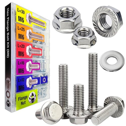 EEEEE Metric Hex Flanged Bolt Assortment Kit 138pcs and Nuts Kit Set,M6 Bolt 12 mm 16mm 20mm 25mm 30mm, Flange Metric Large Hardware Grade Hex Bolt Assortment,304 Stainless Steel Class Flat Washers - size: M6 138pcs (304 stainless)
