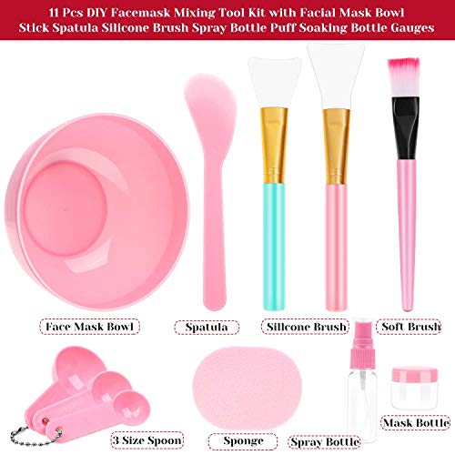 anezus 11 Pcs DIY Facial mask Mixing Tool Kit with Bowl Stick Spatula Silicone Brush Spray Bottle Puff Soaking Bottle Gauges (Pink)