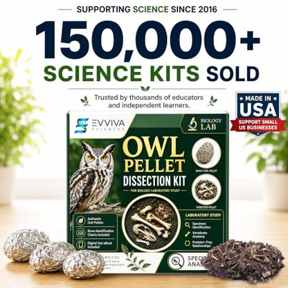 ES EVVIVA SCIENCES Owl Pellet Kit - Dissect 30 Mostly Small Real Owl Pellets w/Tools & PDF Bone Charts - Science Education Kit for Ages 15+ - Hands-On Animal Biology Science Lab Activity