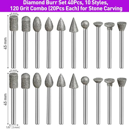 120-Grit Diamond Grinding Bit 1/8" Shank Compatible with Dremel Rotary Tool, 22Pcs Diamond Grinding Burrs for Stone Jade Glass Resin Metal Porcelain Ceramic Quartz Glaze Carving Engraving Polishing - style: 22PCS-120Grit
