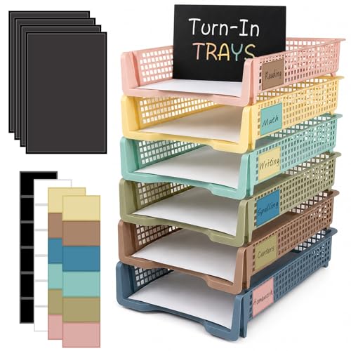 Set of 6 Boho Turn in Trays with Label Stickers for Teachers Stackable Classroom Paper Letter Trays Plastic Classroom Desk Letter Organizer Tray Storage Baskets for Library, Drawers, Office, Home - color: Boho