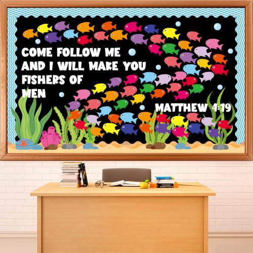 Fishers of Men Bulletin Board Classroom Decorations Christian Religious Bible Bulletin Board Sets Fish Paper Cutouts for Jesus Church Sunday Summer VBS Back to School Teacher Chalkboard Wall Supplies - style: Fishers of Men