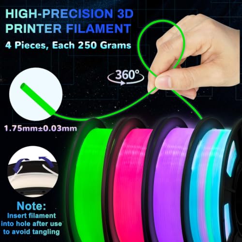 Glow in The Dark PLA+ 3D Printer Filament Bundle 1.75 mm, Stronger Lighting Effect for Beginner, Glow Filament Multicolor for 3D Printers, 4 Spools 250g Each - Green, Red, Purple, Rainbow2 - color: Green/Red/Purple/Rainbow2