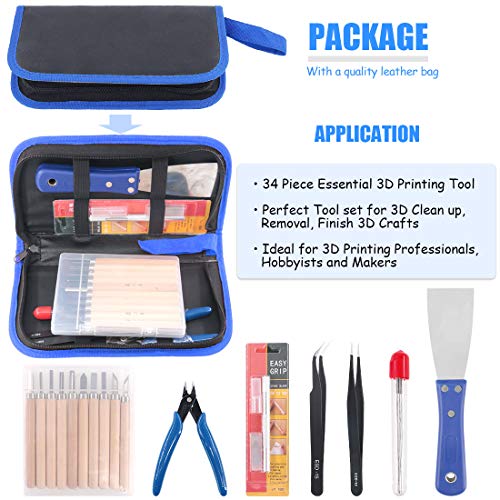 Glarks 34Pieces 3D Printer Nozzle Cleaning Removal Tool Kit, Including 0.35mm 0.4mm Cleaning Needles, Wood Carving Tools Kit, Knife Clean Up Kit, Tweezers, Scraper, Wire Cutter