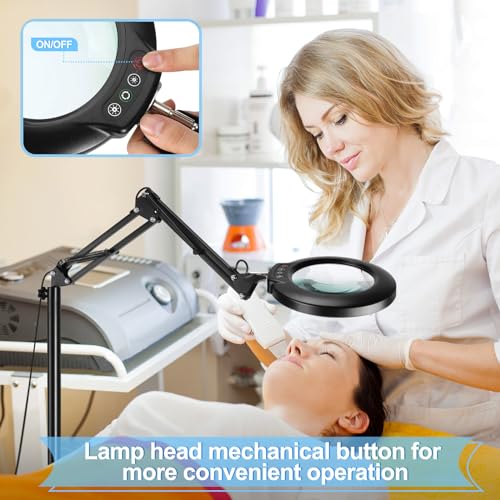 12X Magnifying Glass with Light and Stand, Real Glass Lens (Not Acrylic), 5 Color Modes, Stepless Dimmable, 3-in-1 Floor Lamp Swing Arm with Clamp, Lighted Magnifier Hands Free for Close Works, Crafts