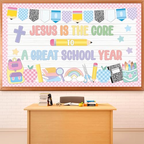 Pastel Christian Religious Bulletin Board Decorations Set Jesus is The Core to a Great School Year Classroom Decor Composition Paper Cutouts for Sunday School Home Wall Door Party Supplies - style: Pastel Christian
