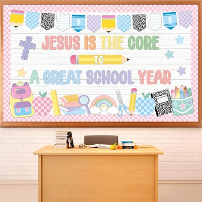 Pastel Christian Religious Bulletin Board Decorations Set Jesus is The Core to a Great School Year Classroom Decor Composition Paper Cutouts for Sunday School Home Wall Door Party Supplies - style: Pastel Christian
