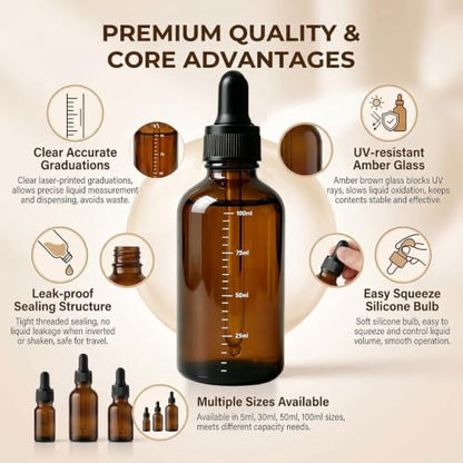 ericotry 3Pcs 100ML /3.4oz Empty Refillable Amber Glass Graduated Dropper Bottle Essential Oil Cosmetics Elite Fluid Container Jar Pot Holder with Glass Pipette Dropper - size: 100 ml