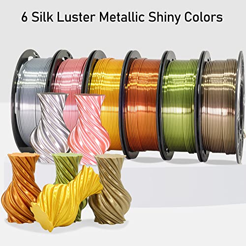 MIKA3D 6 Spools 1.75mm Silk PLA 3D Printer Filament Bundle, 6 Metallic Shiny Colors: Gold/Silver/Copper/Bronze/Coffee Gold/Rosegold, Each Spool 250g X 6 Spools, Total 1.5Kg 3D Printer Material - color: 6 Spools - Gold/Silver/Copper/Bronze/Coffee Gold/Rose