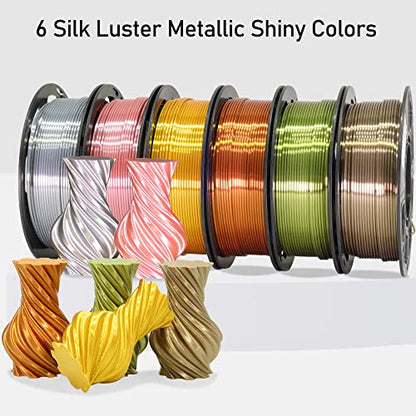 MIKA3D 6 Spools 1.75mm Silk PLA 3D Printer Filament Bundle, 6 Metallic Shiny Colors: Gold/Silver/Copper/Bronze/Coffee Gold/Rosegold, Each Spool 250g X 6 Spools, Total 1.5Kg 3D Printer Material - color: 6 Spools - Gold/Silver/Copper/Bronze/Coffee Gold/Rose