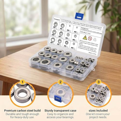 70 PCS Ball Bearings – 10 Size Carbon Steel Deep Groove Bearing Assortment Kit (627ZZ, 608ZZ, 6000ZZ, 6903ZZ, 626ZZ, 6900ZZ, 687ZZ, 685ZZ, 693ZZ, 695ZZ), Double Shielded & Pre-Lubricated