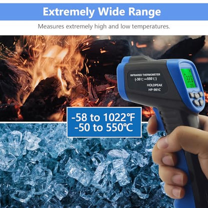 HOLDPEAK 981C Non-Contact Infrared Thermometer Digital Laser Infrared Thermometer -58 to 1022℉ (-50 to 550℃) with Adjustable Emissivity + 866B Digital Anemometer Handheld Wind Speed Meter (2Packs)