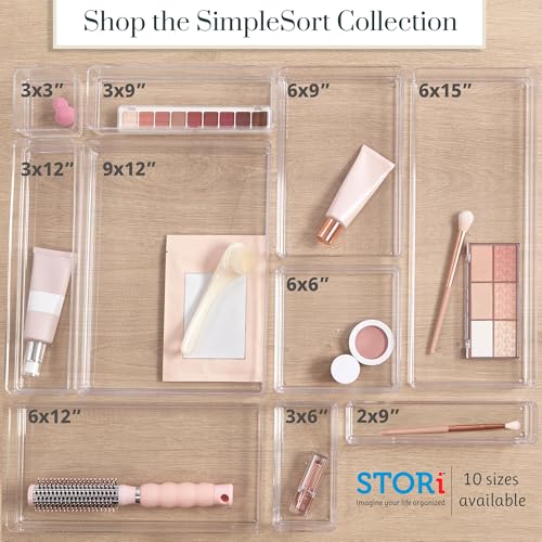 STORi SimpleSort 2-Piece Stackable Clear Drawer Organizer Set | 15" x 6" x 2" Rectangle Trays | Wide Makeup Vanity Storage Bins and Office Desk Drawer Dividers | Made in USA - size: 15x6x2"