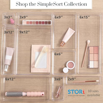 STORi SimpleSort 2-Piece Stackable Clear Drawer Organizer Set | 15" x 6" x 2" Rectangle Trays | Wide Makeup Vanity Storage Bins and Office Desk Drawer Dividers | Made in USA - size: 15x6x2"
