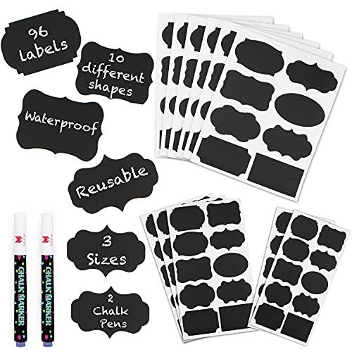 Mantah Chalkboard Label Stickers 96pcs - 9 Assorted Shapes in 3 Sizes with 2 White Chalk Marker, Reusable Waterproof Label for Storage Bin, Food Container, Jars, Containers - size: 96 PCS, 9 Assorted Shapes