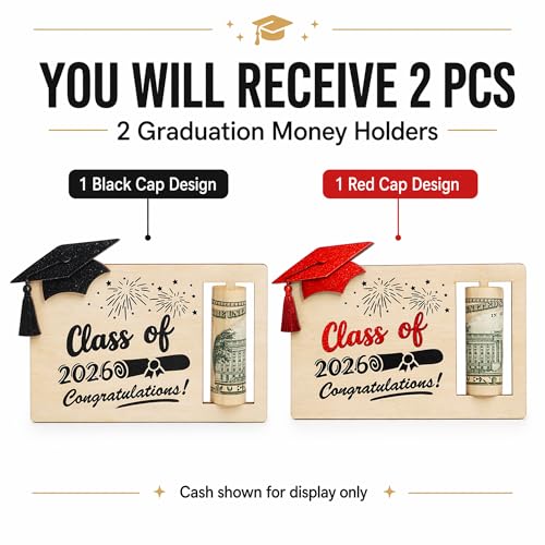 KATINAT 2Pcs Graduation Money Holder 2026, Wooden Cash Gift Holder for Class of 2026, Graduation Money Card Envelope Box for High School, College, University Senior Graduates - color: 2pcs Grad Moneyholder
