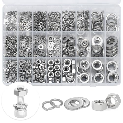 Metric Nuts Washers Assortment Kit M2-M12 Hex Nut Spring Washer Flat Washer - color: steel gray, size: Metric (M2-M12) 1626PCS