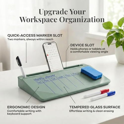 Birch Desktop Glass Whiteboard with Magnetic Weekly Calendar – Dry Erase Board, Keyboard Stand, Hidden Storage, Adjustable Dividers, 3 Markers & Eraser – Office, Home, School – Moss - style: Moss Gen2