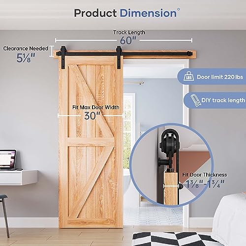 EaseLife 5 FT Heavy Duty Sliding Barn Door Hardware Track Kit,Basic J Pulley,Slide Smoothly Quietly,Easy Install (5FT Track Kit for 26"~30" Wide Single Door) - size: 5 Feet