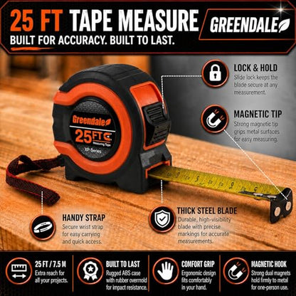 Greendale – 6 Pack Tape Measures 25 ft – Easy-Read Fractions, Magnetic Tip, Quick-Lock & Auto-Retract – Heavy-Duty Measuring Tape with Belt Clip – Red/Orange - color: Red