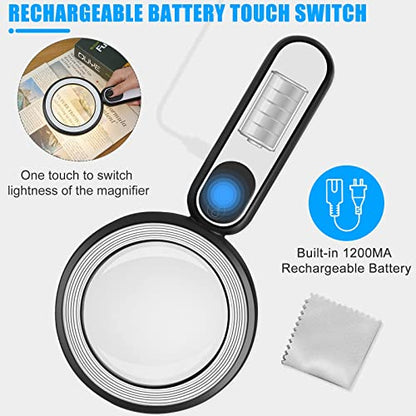 Rechargeable Magnifying Glass with Light, 30X 4.7IN Handheld Large Lightweight Lighted Magnify Len 21 LED 3 Modes Illuminated Book Magnifier forSenior,Reading,Inspection,Coin,JewelryChristmasGift - color: Black+white