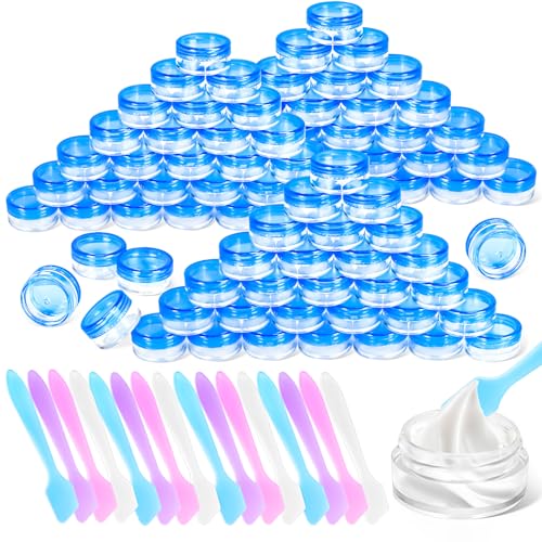 100 Pcs 5g Empty Plastic Containers with Blue Lids,Mini Makeup Sample Containers, Small Sample Pot Jars Round Cosmetic Jars with Mini Spatulas for Liquid Sample Powder Creams Lotions - color: Blue, size: 100PCS