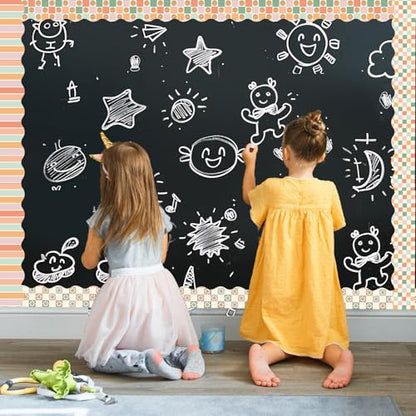 FYSUIMU 59.1 Ft Boho Bulletin Board Borders Retro Groovy Decoration Boarders Smile Daisy Plaid Scalloped Border Trim Sticker Decals for Back to School Home Classroom Party Wall Decoration - style: Boho Plaid