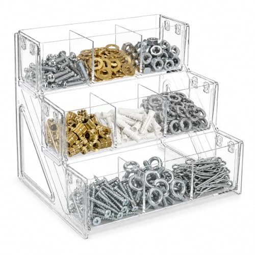 Tool Box Organizer, Screw Organizer, 9-Bin Clear 3-Tier Open Rack