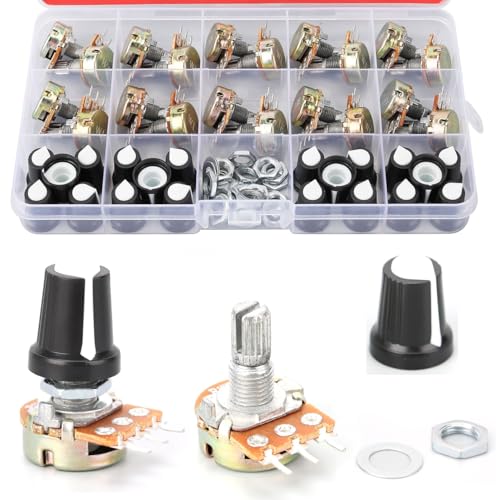 WWZMDiB 80 Pcs Potentiometer Kit with Knobs B1K 2K 5K 10K 20K 50K 100K 250K 500K 1M Ohm potentiometers Assortment Tapered Rotary Audio B-Type Potentiometer(Equipped with Nuts & washers）