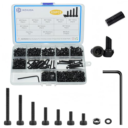 630 Pcs M3 Screws Assortment Kit, M3x6mm/8mm/10mm/12mm/16mm/20mm/25mm/30mm, Metric Hex Socket Head Cap Screws Nuts Washers Kit with Wrench, Black Zinc Plated - size: M3 630Pcs 6mm-30mm